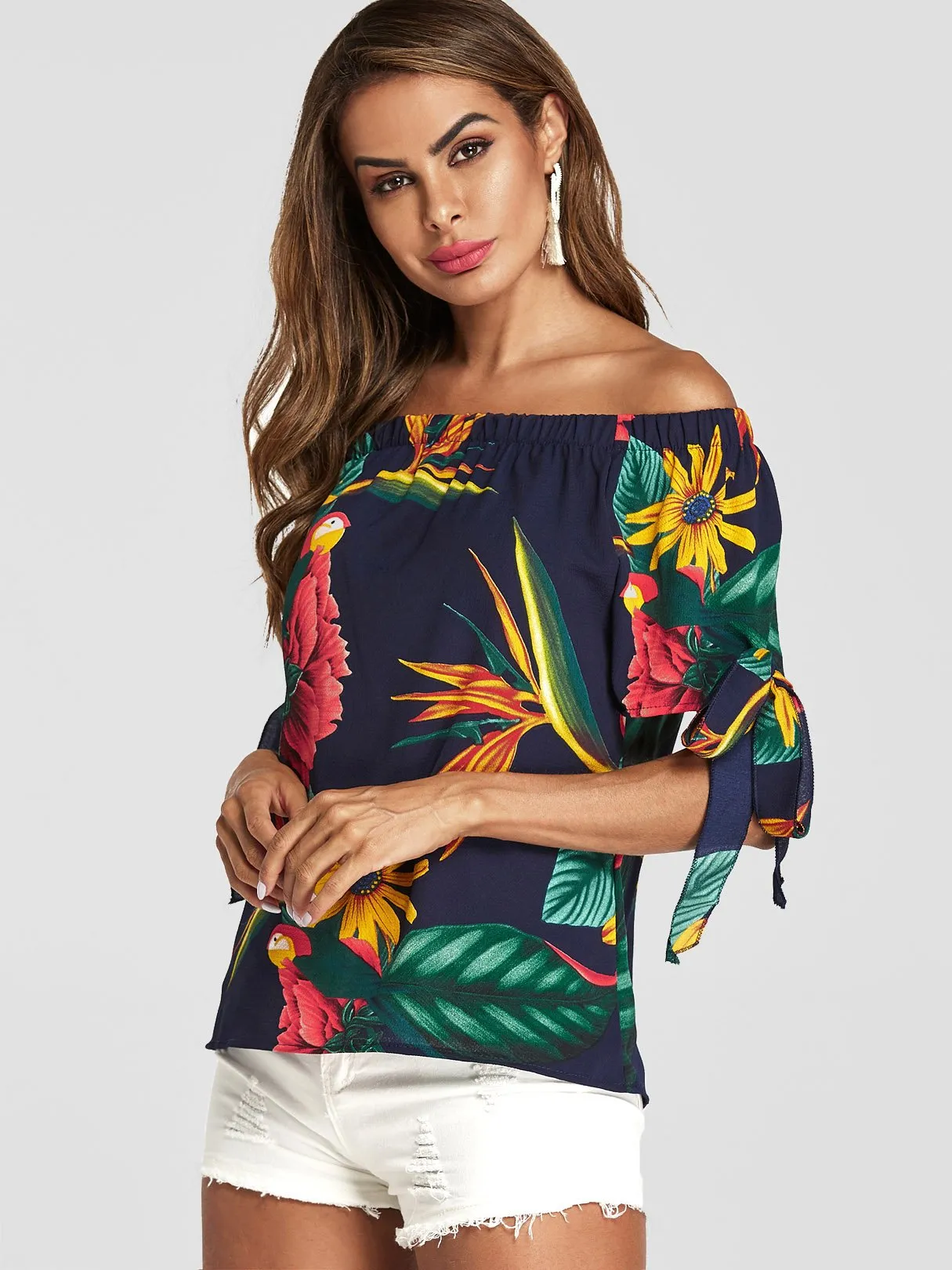 Custom Off The Shoulder Floral Print Short Sleeve Blouses