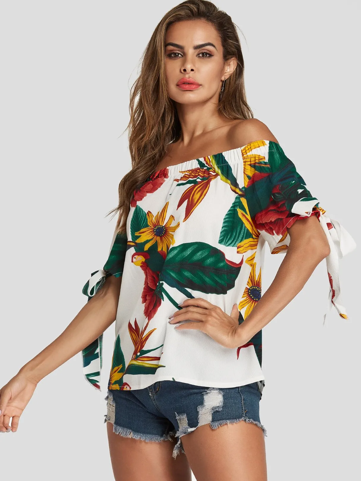 Custom Off The Shoulder Floral Print Short Sleeve Blouses