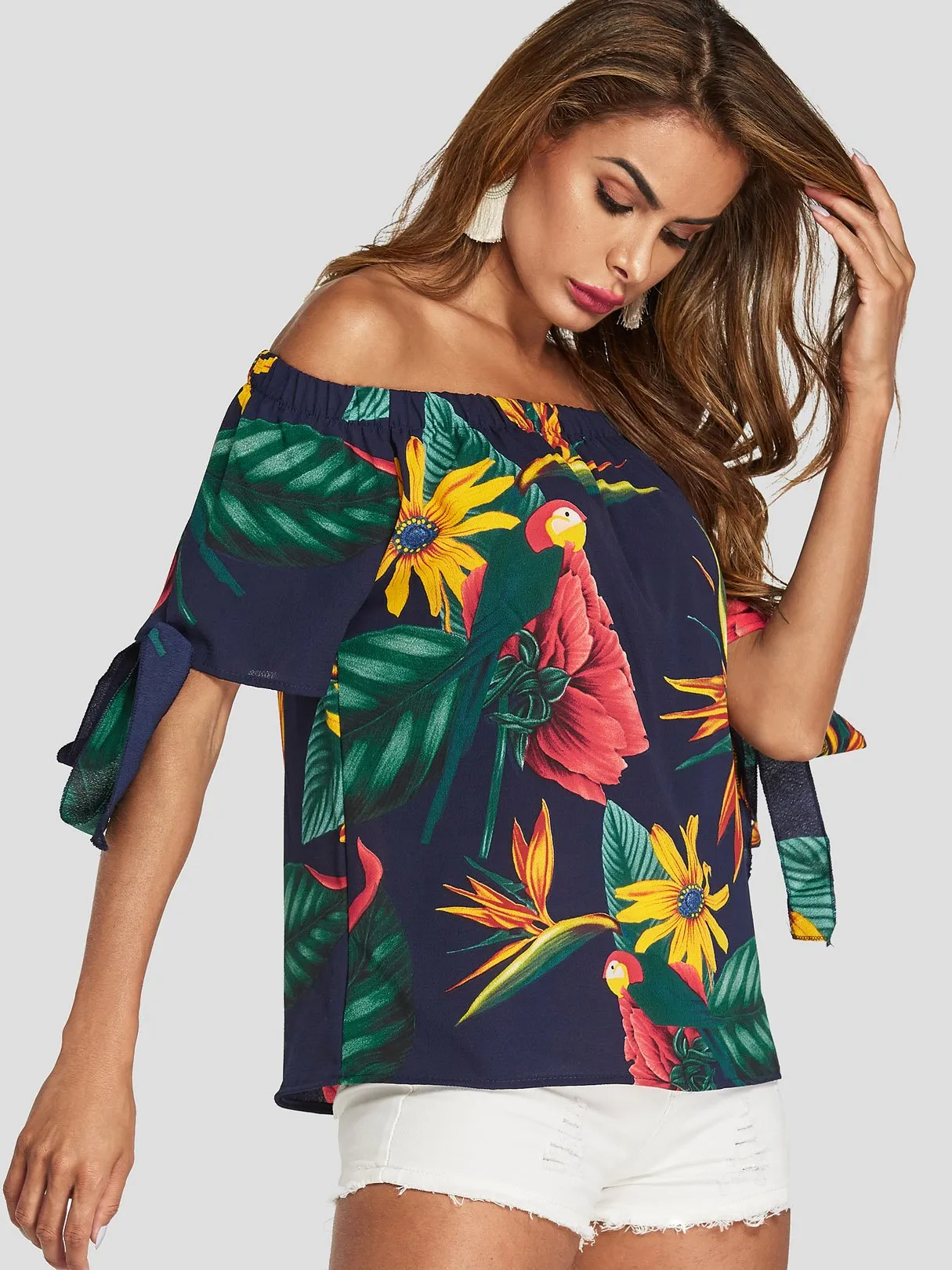 Custom Off The Shoulder Floral Print Short Sleeve Blouses