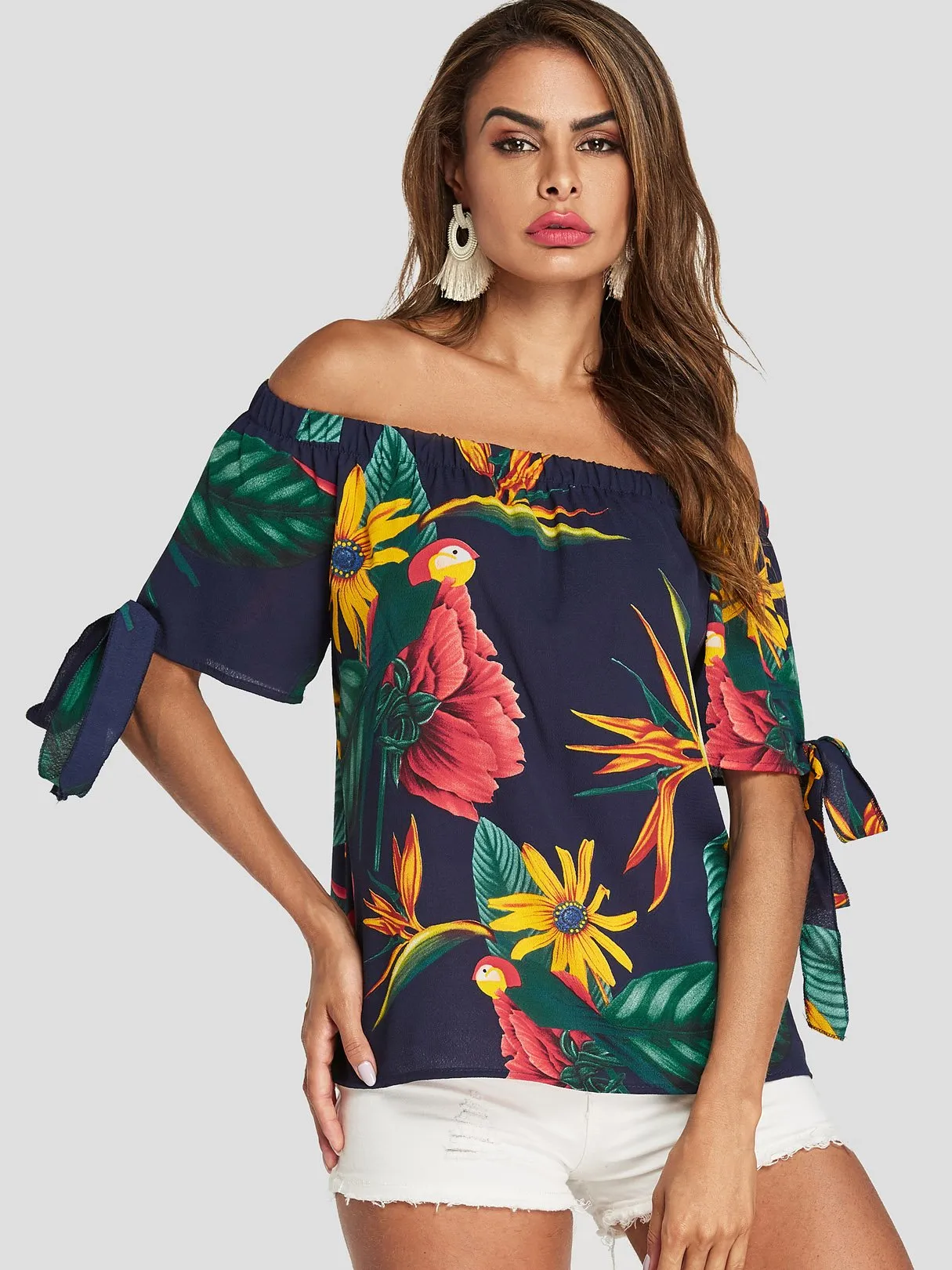 Custom Off The Shoulder Floral Print Short Sleeve Blouses