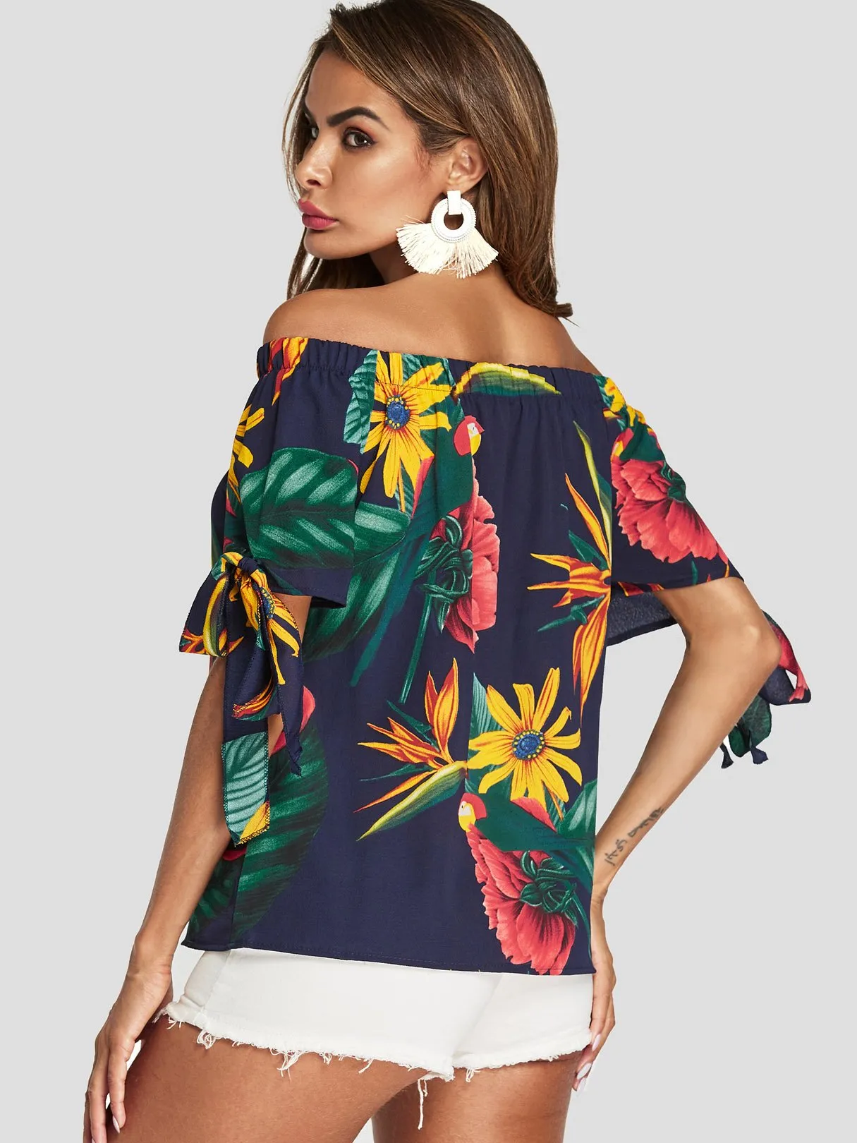 Custom Off The Shoulder Floral Print Short Sleeve Blouses