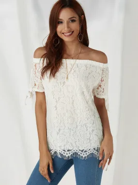 Custom Off The Shoulder Lace Short Sleeve White Blouses