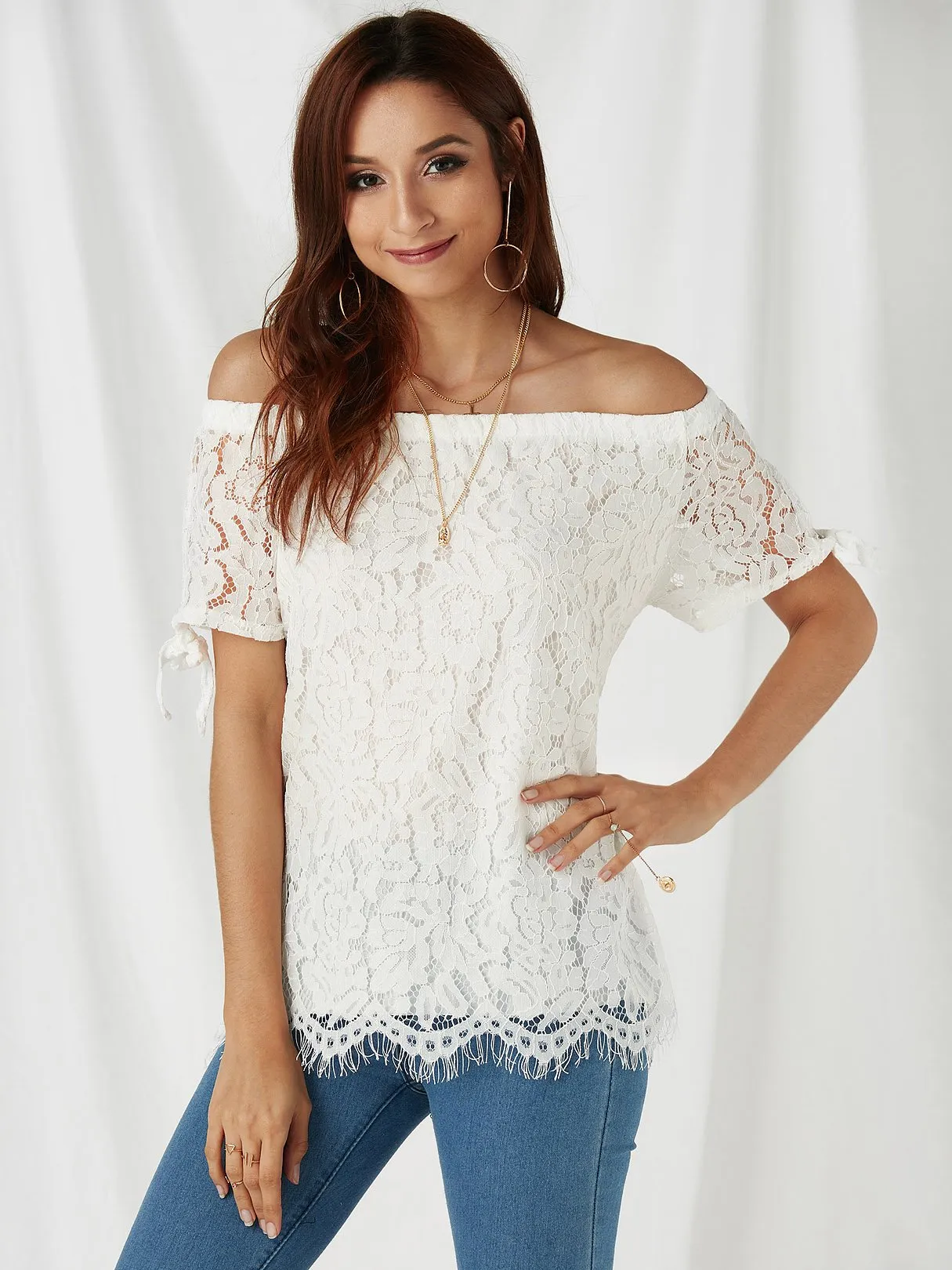 Custom Off The Shoulder Lace Short Sleeve White Blouses