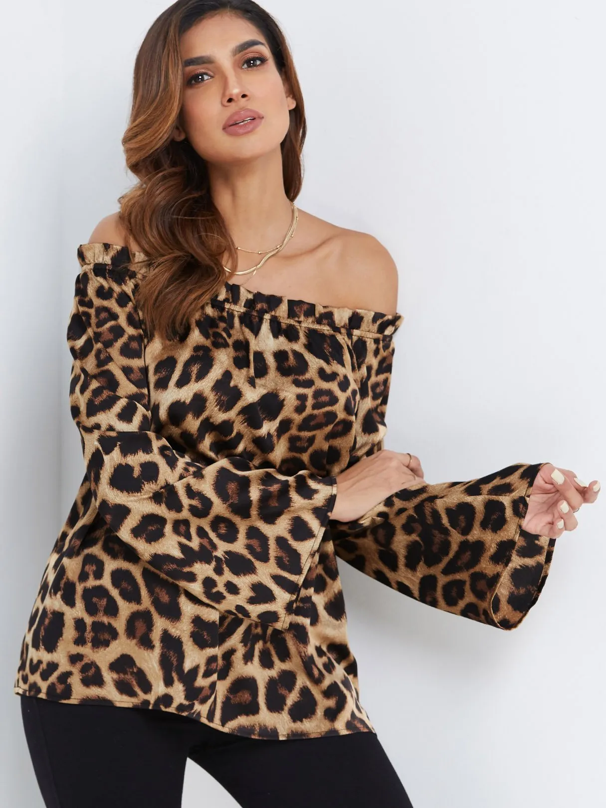 Custom Off The Shoulder Leopard Long Sleeve Blouses