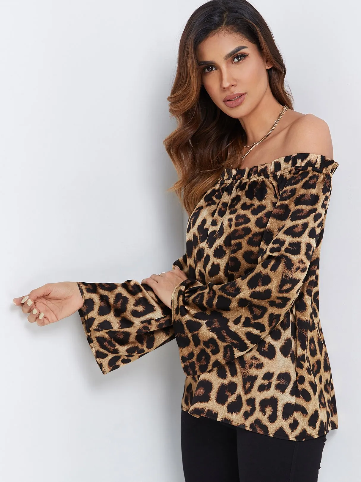 Custom Off The Shoulder Leopard Long Sleeve Blouses