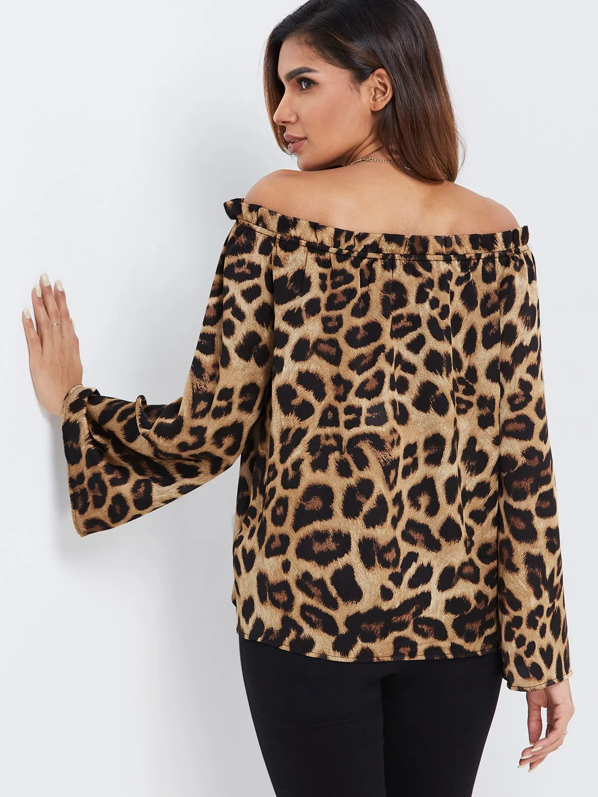 Custom Off The Shoulder Leopard Long Sleeve Blouses