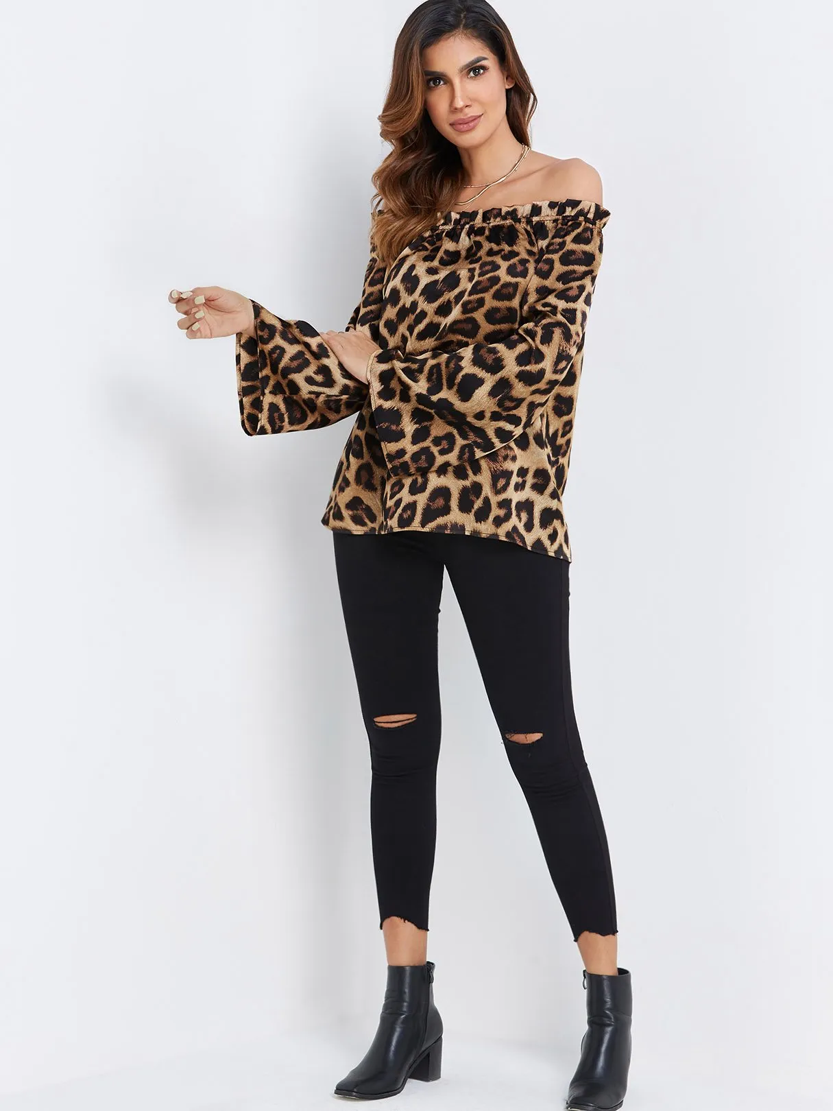 Custom Off The Shoulder Leopard Long Sleeve Blouses