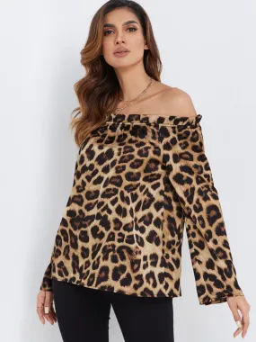 Custom Off The Shoulder Leopard Long Sleeve Blouses