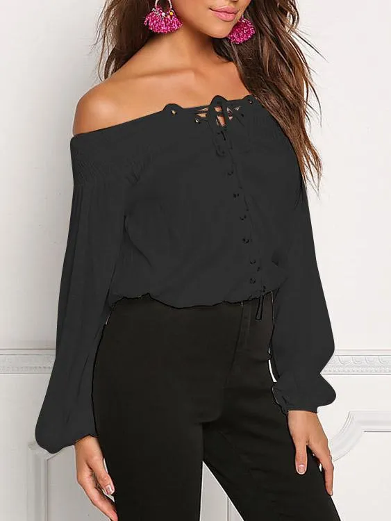 Custom Off The Shoulder Plain Lace-Up Long Sleeve Black Blouses