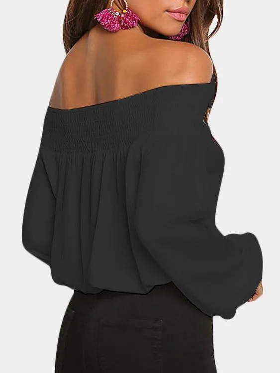 Custom Off The Shoulder Plain Lace-Up Long Sleeve Black Blouses