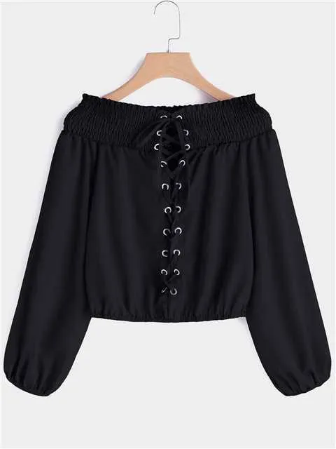 Custom Off The Shoulder Plain Lace-Up Long Sleeve Black Blouses