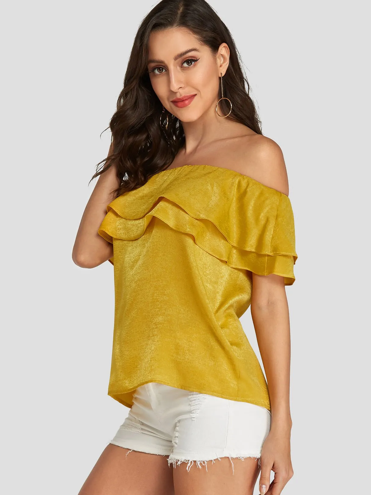 Custom Off The Shoulder Plain Short Sleeve Yellow Blouses