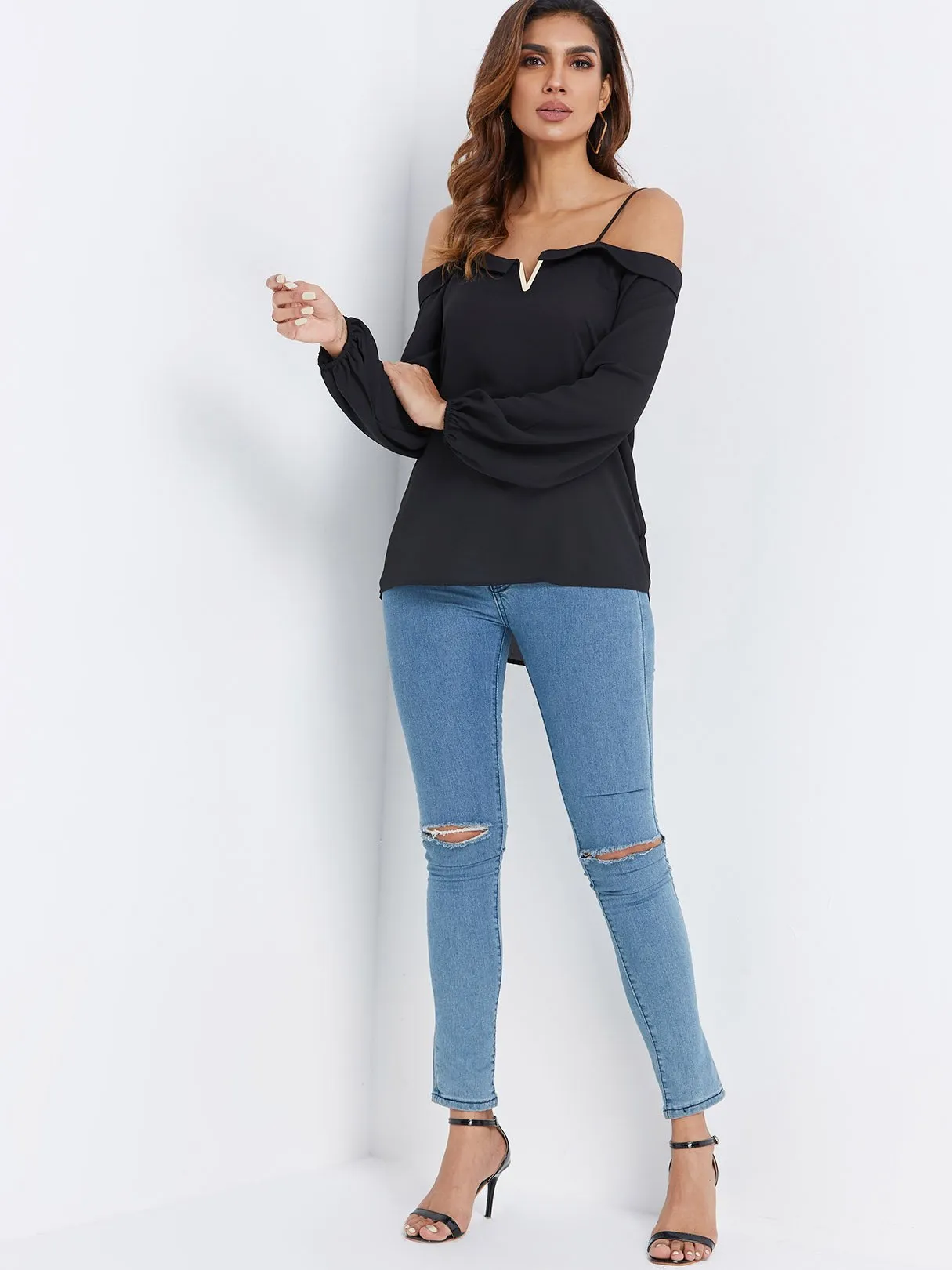 Custom Off The Shoulder Plain Spaghetti Strap Long Sleeve Curved Hem Black Blouses