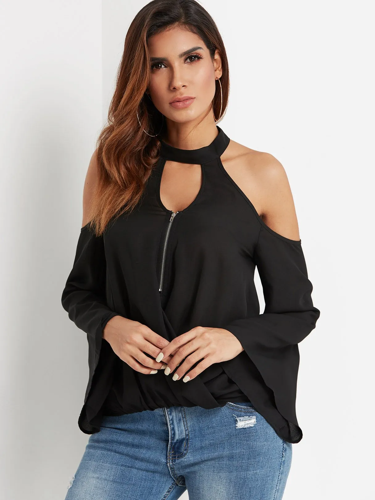 Custom Off The Shoulder Plain Spaghetti Strap Long Sleeve Curved Hem Black Blouses