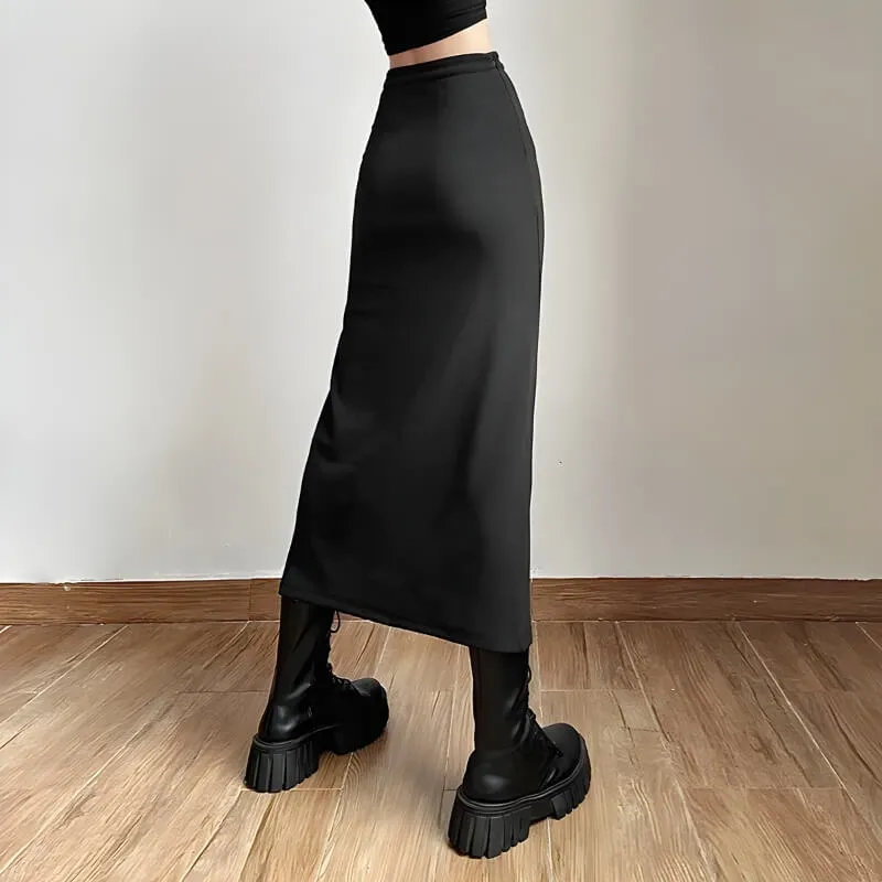 Dark Academia High Split Midi Pencil Skirt