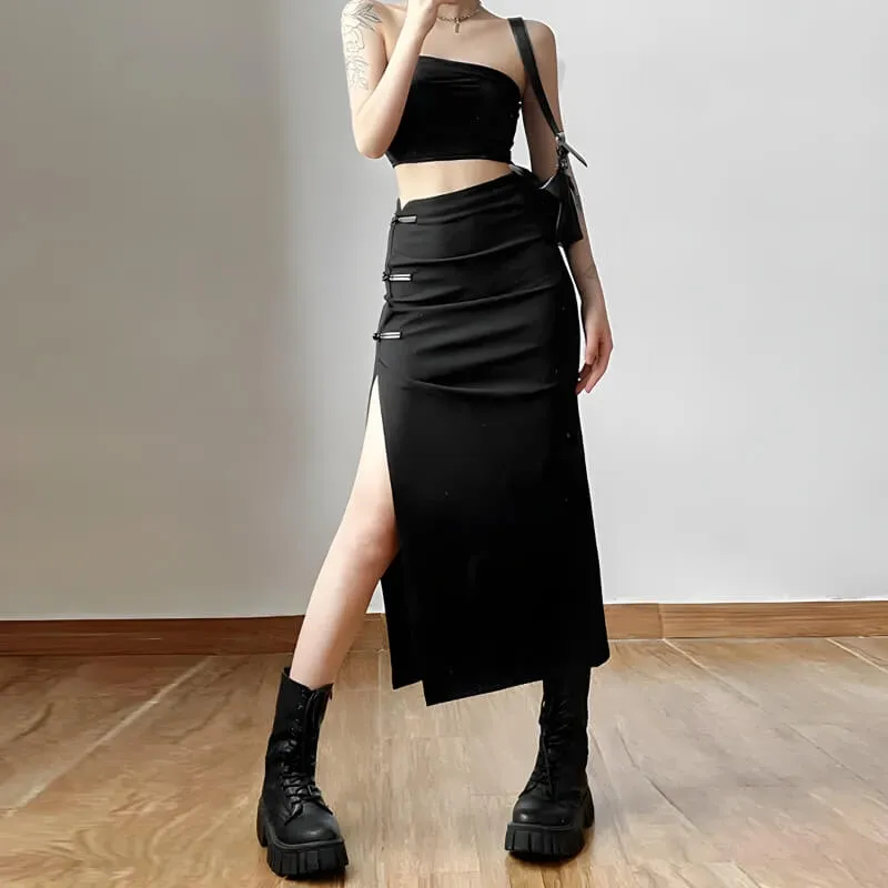 Dark Academia High Split Midi Pencil Skirt