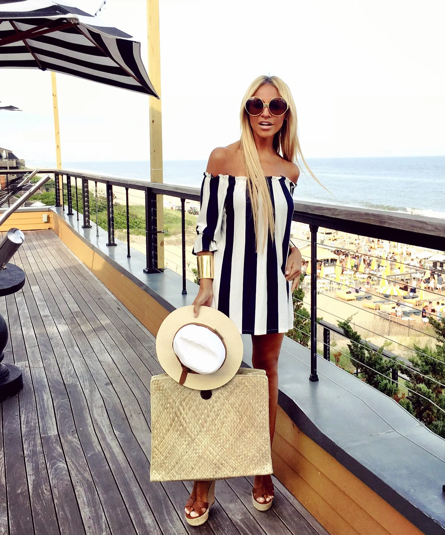 Dark Navy & Off-white stripe Off -Shoulder Top - The Ibiza