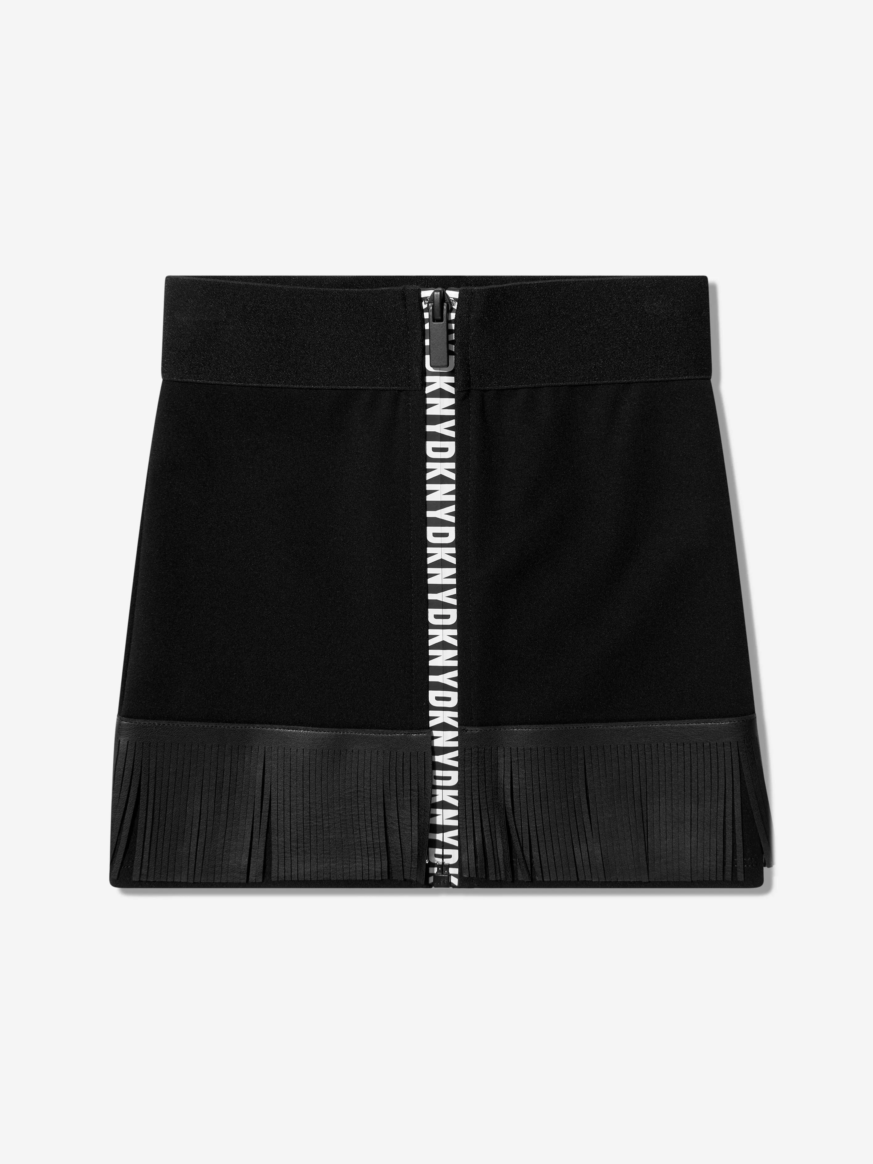 DKNY Girls Fringed Zip Up Milano Skirt in Black