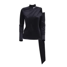 Draped Shoulder Long-Sleeve Blouse Black