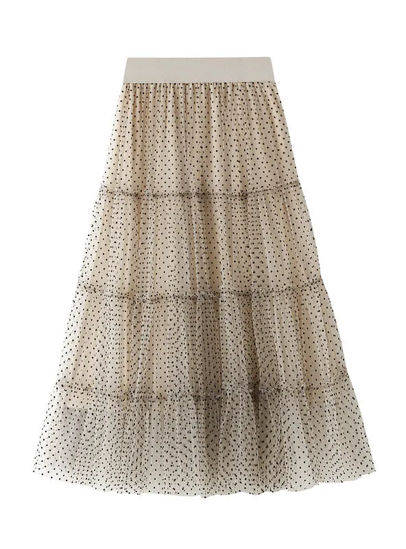 Elastic Waist Double-layer Mesh Dot Skirt