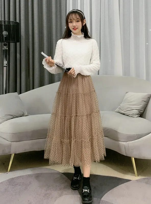 Elastic Waist Double-layer Mesh Dot Skirt