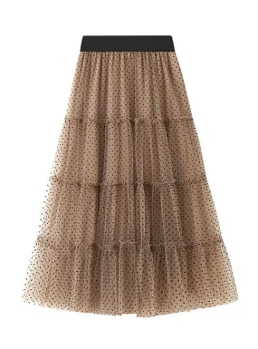 Elastic Waist Double-layer Mesh Dot Skirt