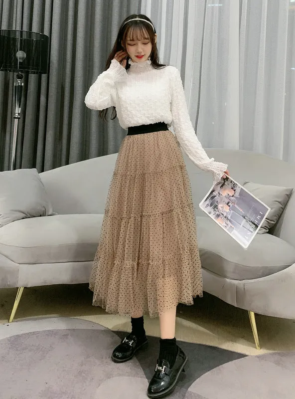 Elastic Waist Double-layer Mesh Dot Skirt