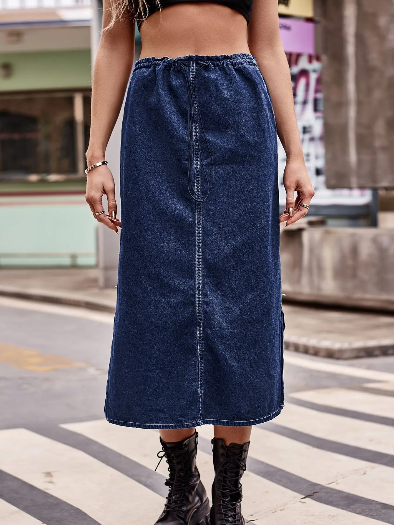 Elastic Waist Drawstring Denim Skirt