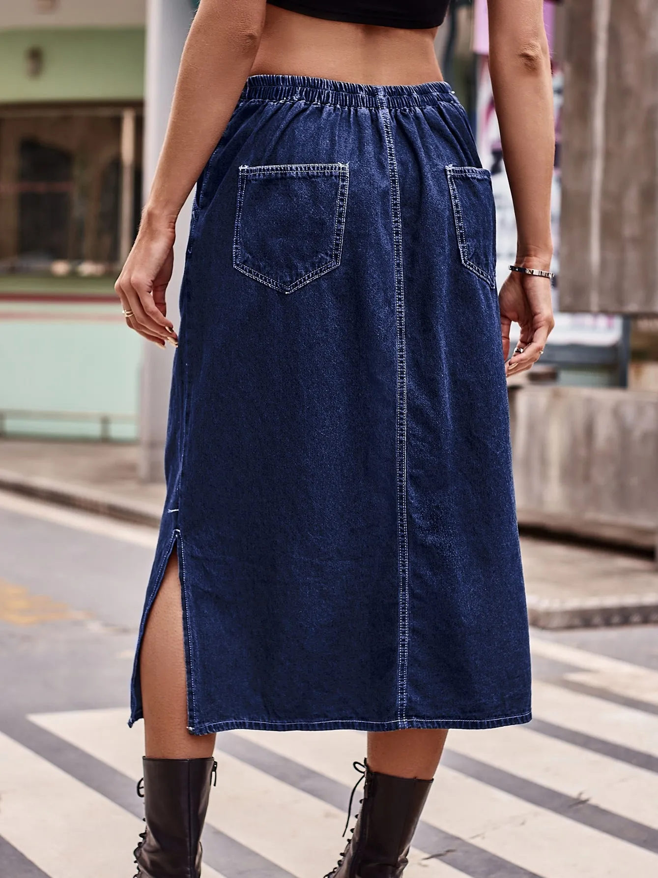 Elastic Waist Drawstring Denim Skirt