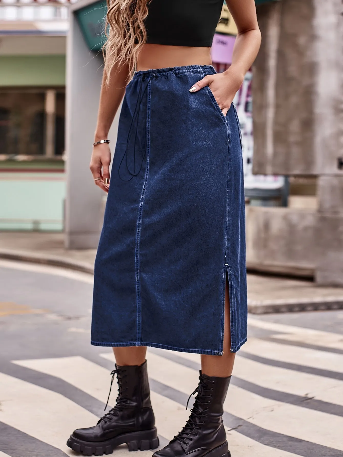 Elastic Waist Drawstring Denim Skirt