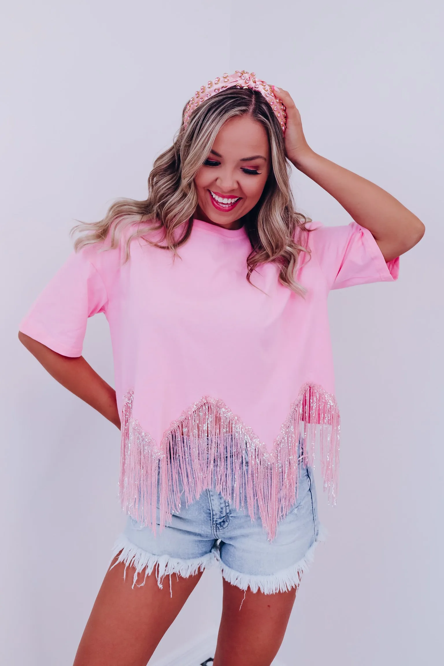 Fabulously Fringed Sequin Crop T-Shirt - Pink