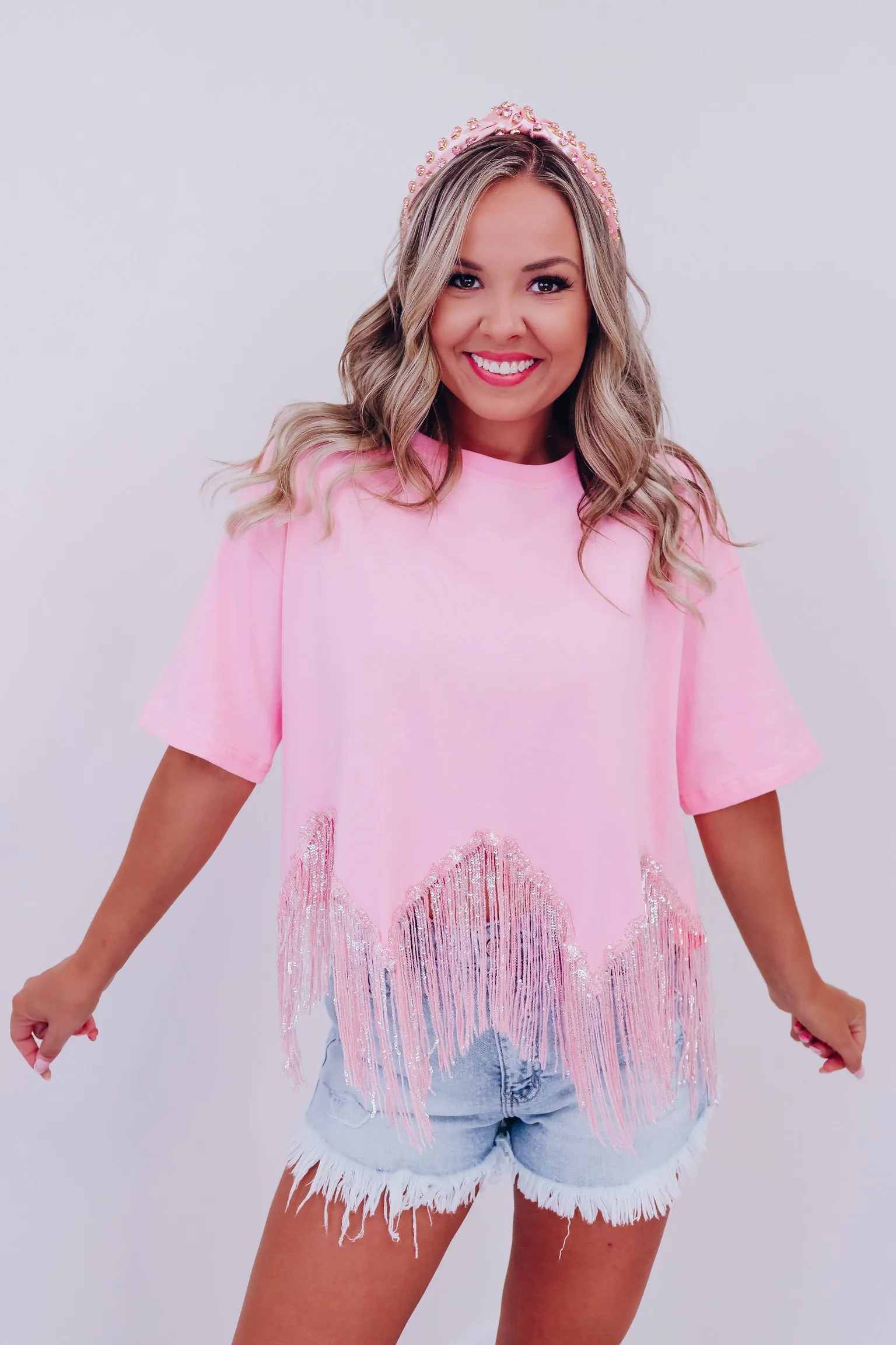 Fabulously Fringed Sequin Crop T-Shirt - Pink