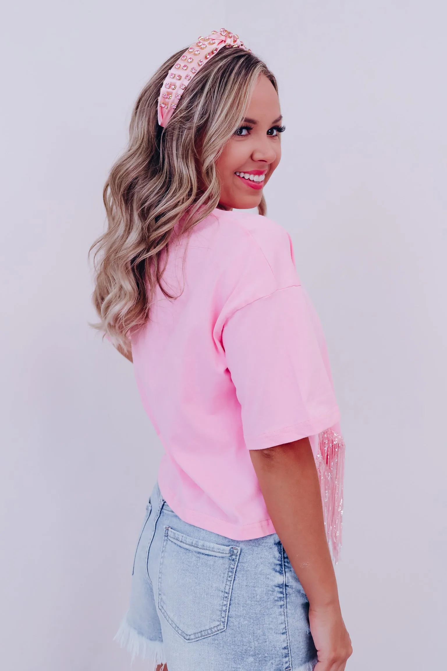 Fabulously Fringed Sequin Crop T-Shirt - Pink