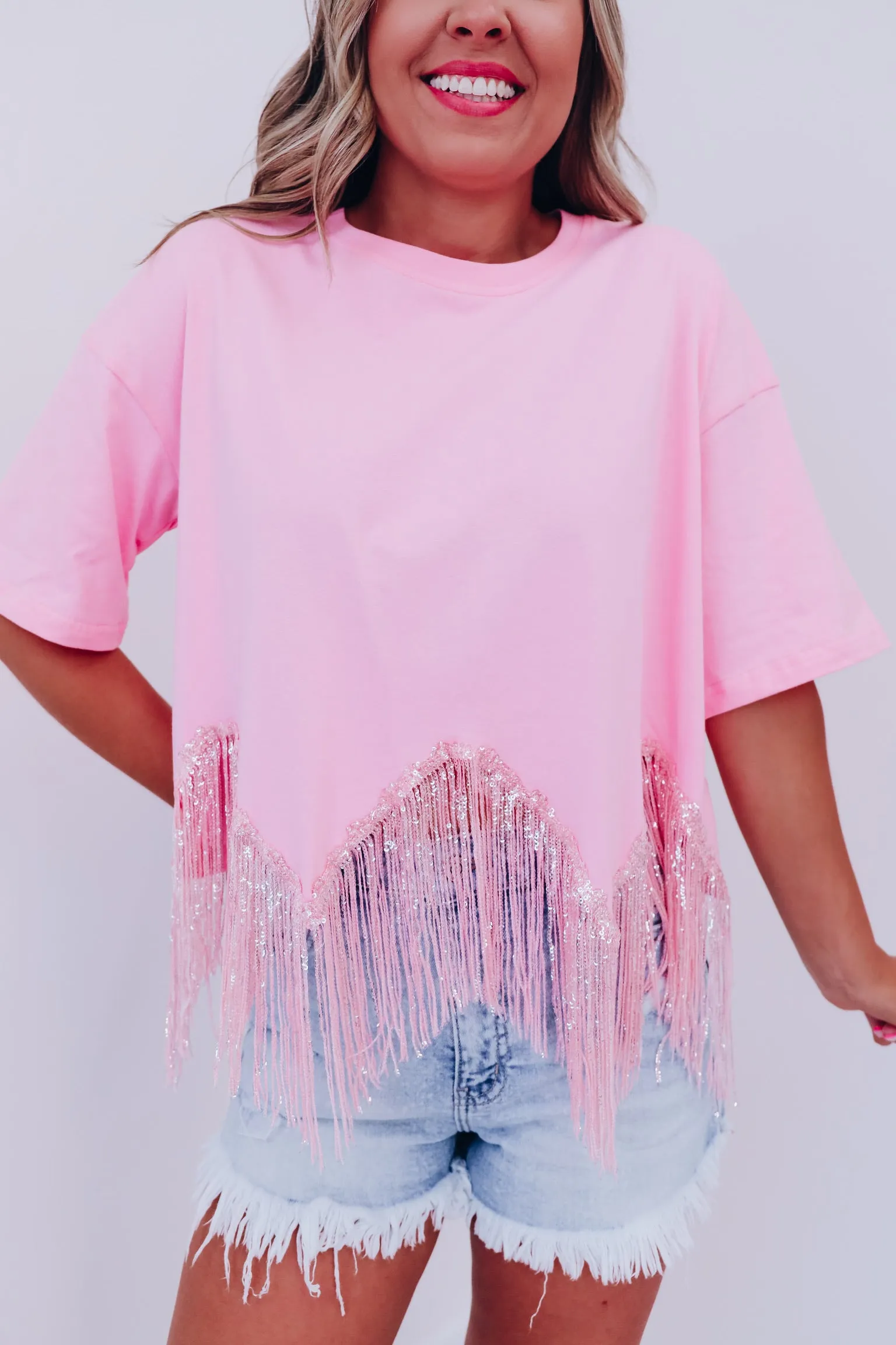 Fabulously Fringed Sequin Crop T-Shirt - Pink