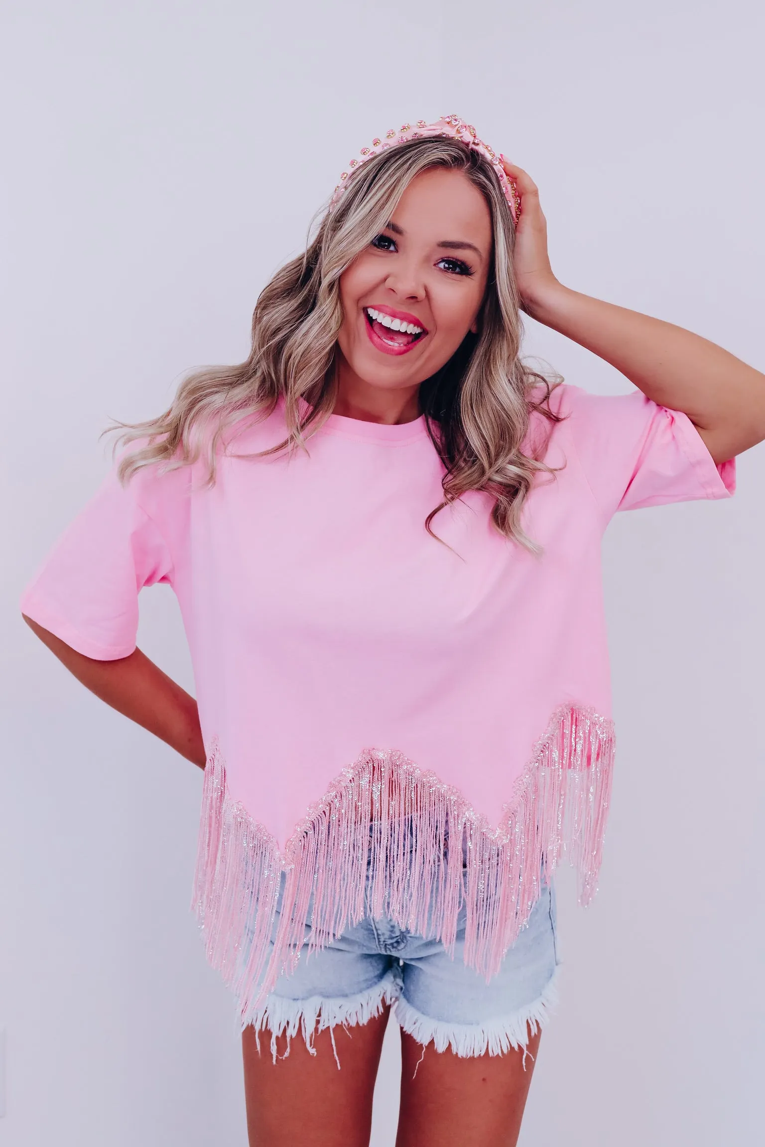 Fabulously Fringed Sequin Crop T-Shirt - Pink