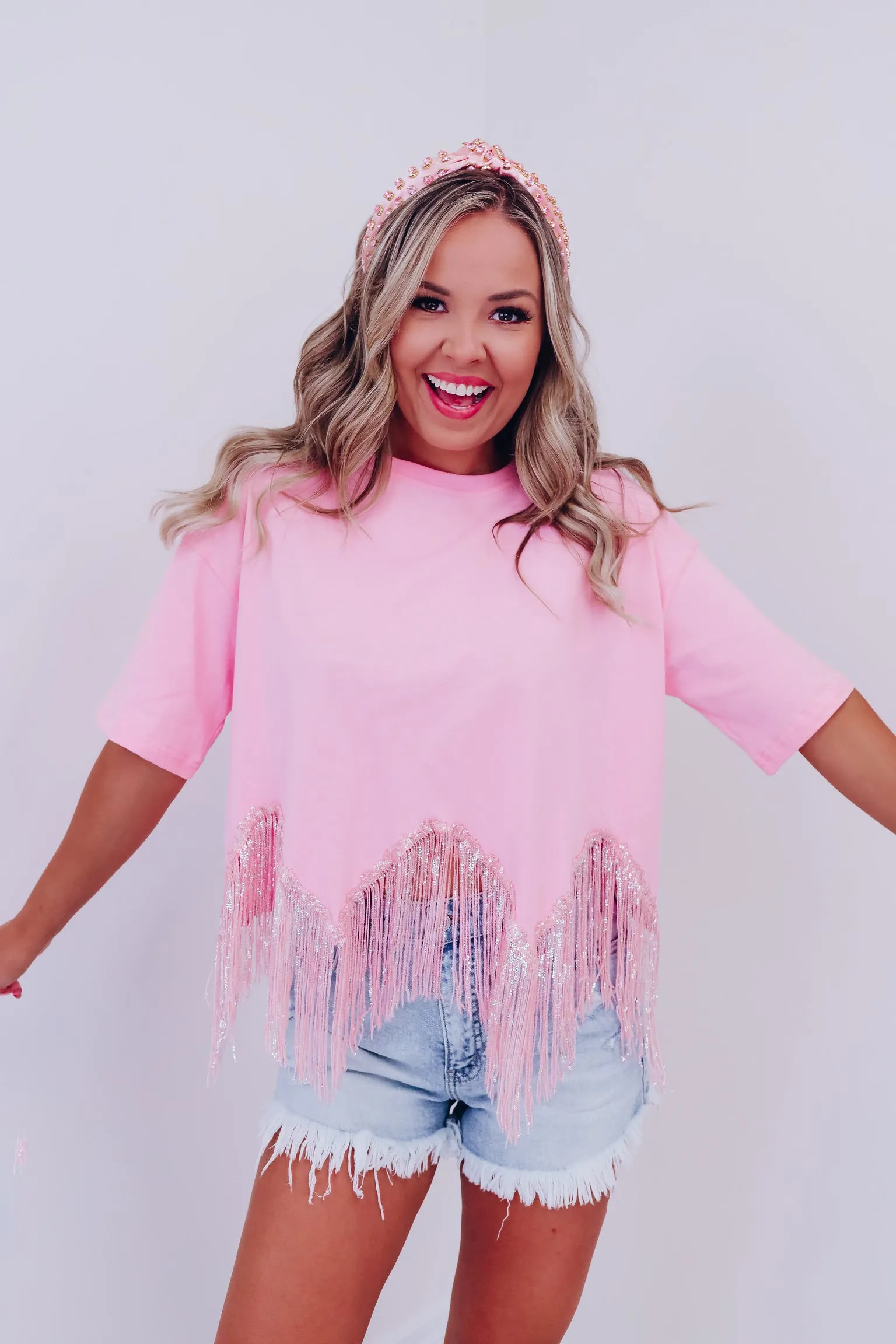 Fabulously Fringed Sequin Crop T-Shirt - Pink