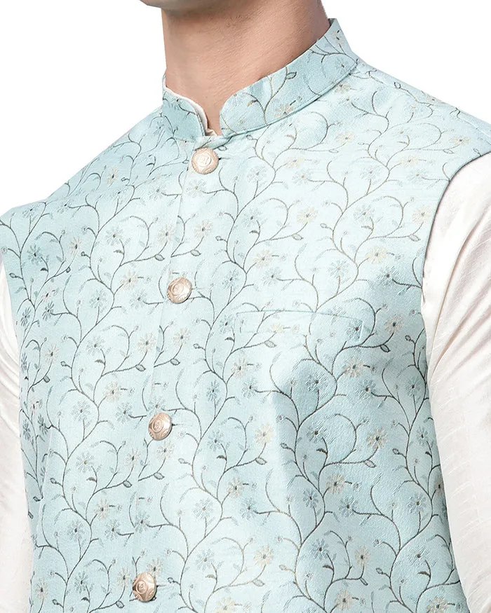 Floral Men's Embroidered Nehru Vest from India (Blue)