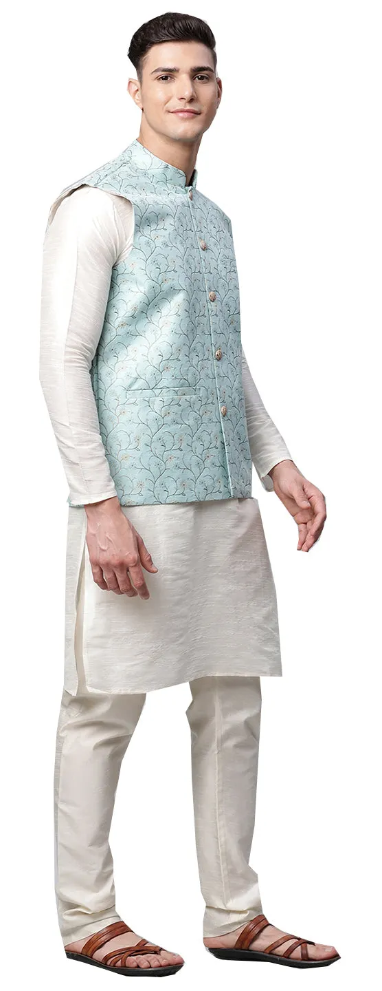 Floral Men's Embroidered Nehru Vest from India (Blue)