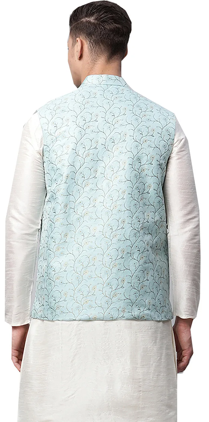 Floral Men's Embroidered Nehru Vest from India (Blue)