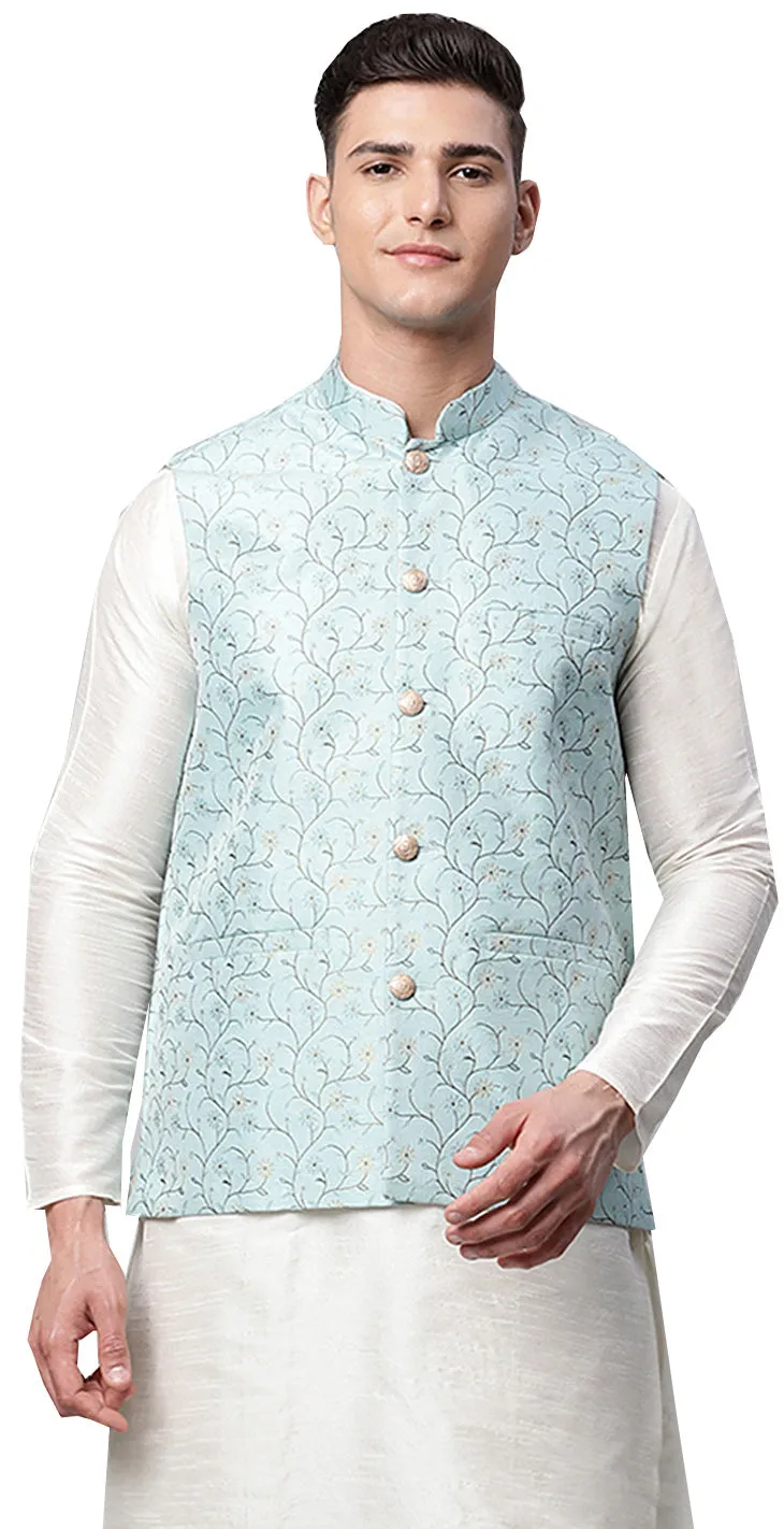 Floral Men's Embroidered Nehru Vest from India (Blue)