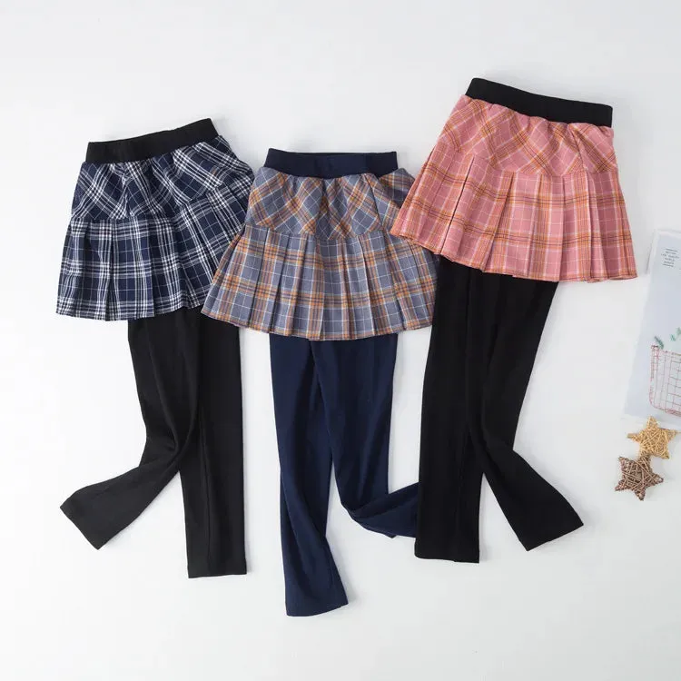 Girls Skirts-Pants Girl Leggings With Skirts Thin Patchwork Pantskirt Girl Plaid Princess Leggings Dance Pants Skirt Trousers