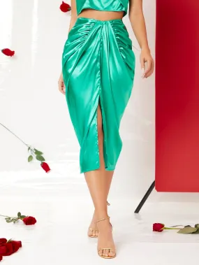 Green Ruched Split Thigh High Waist Satin Skirt