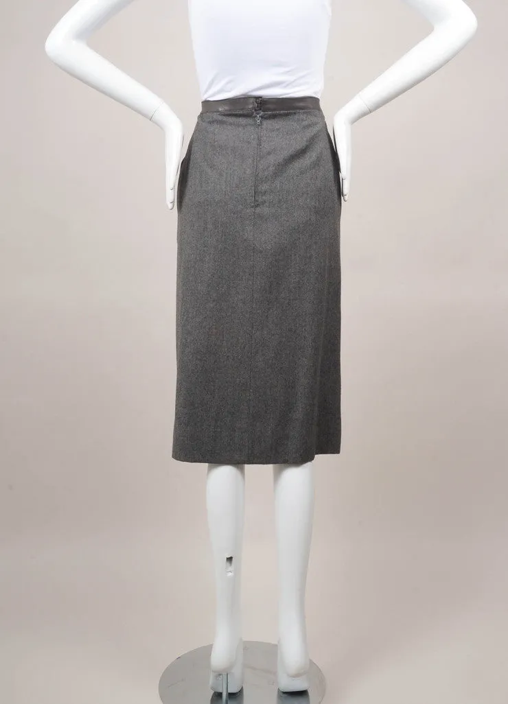 Grey Leather Trim Wool Pencil Skirt