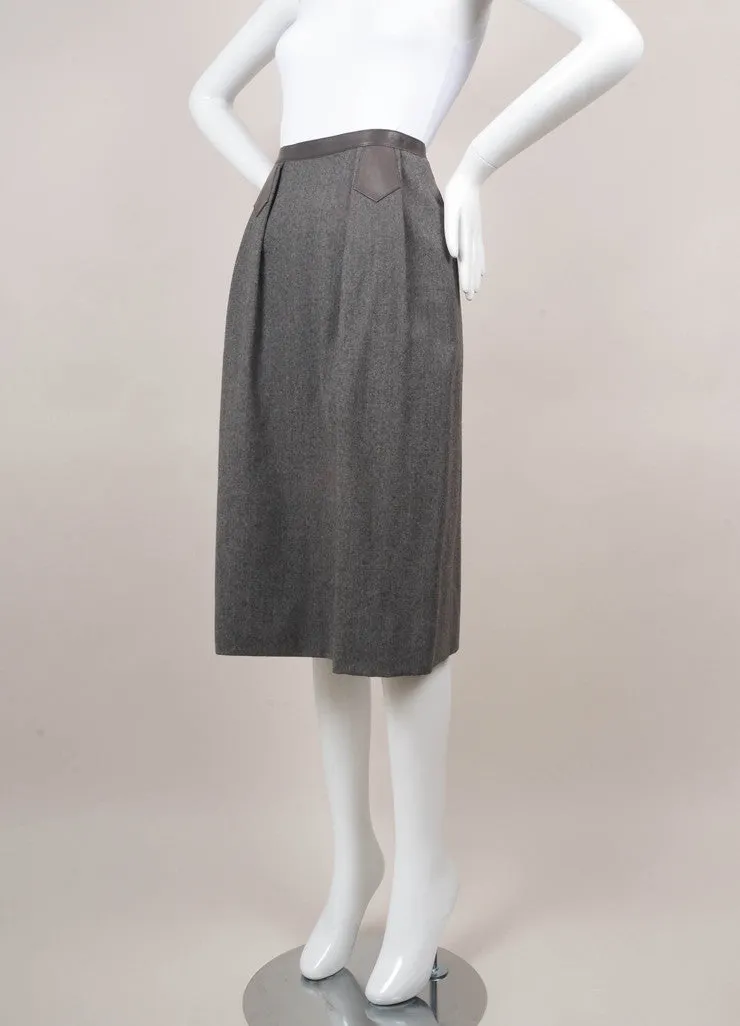 Grey Leather Trim Wool Pencil Skirt