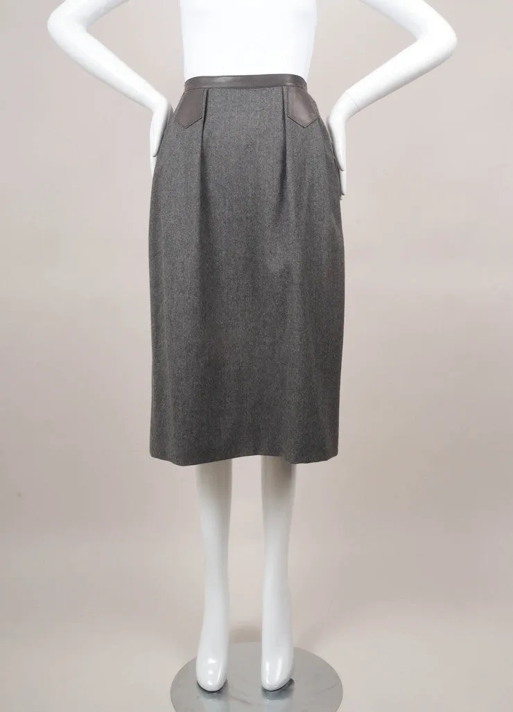 Grey Leather Trim Wool Pencil Skirt