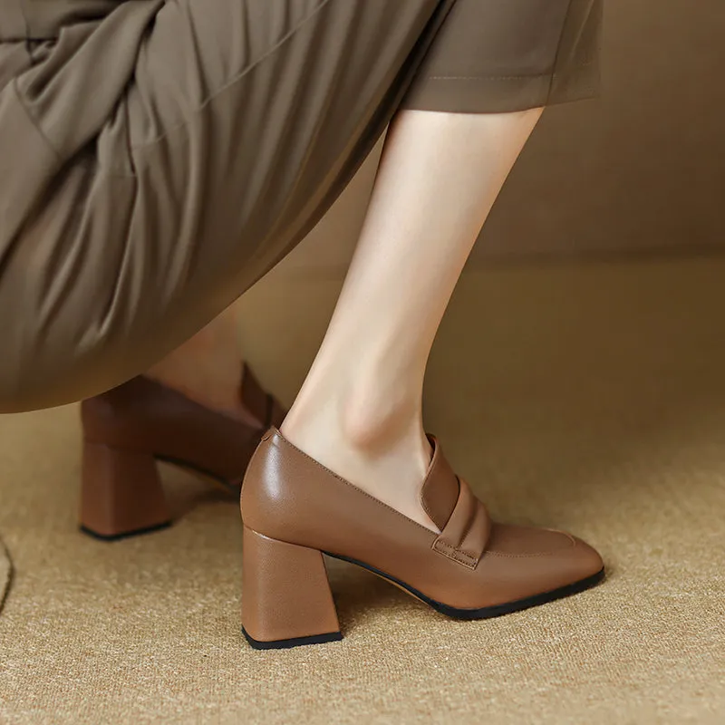 Indi Square Toe Brown Heeled Loafers