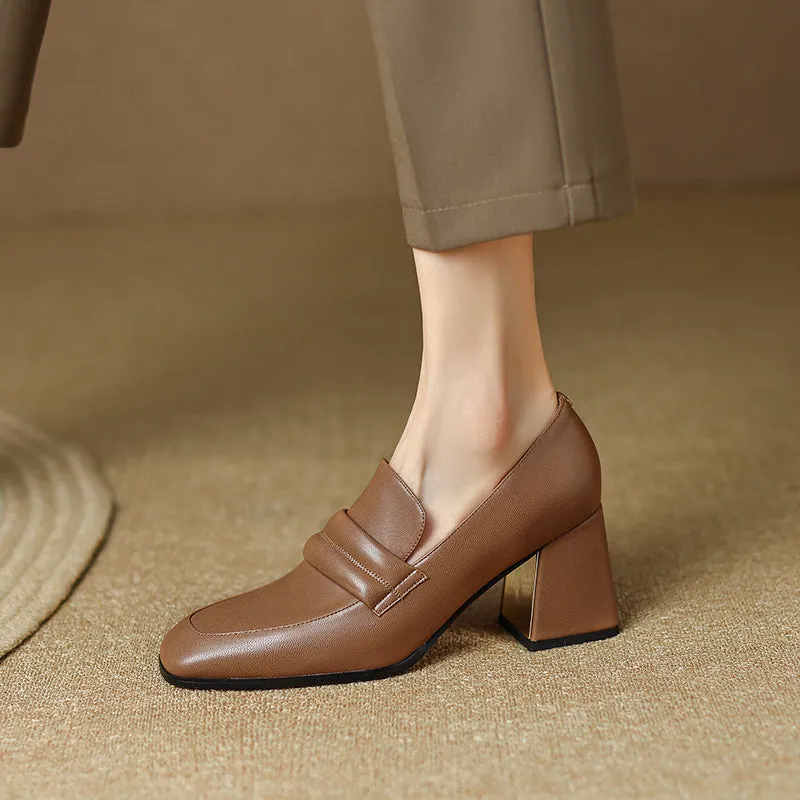 Indi Square Toe Brown Heeled Loafers