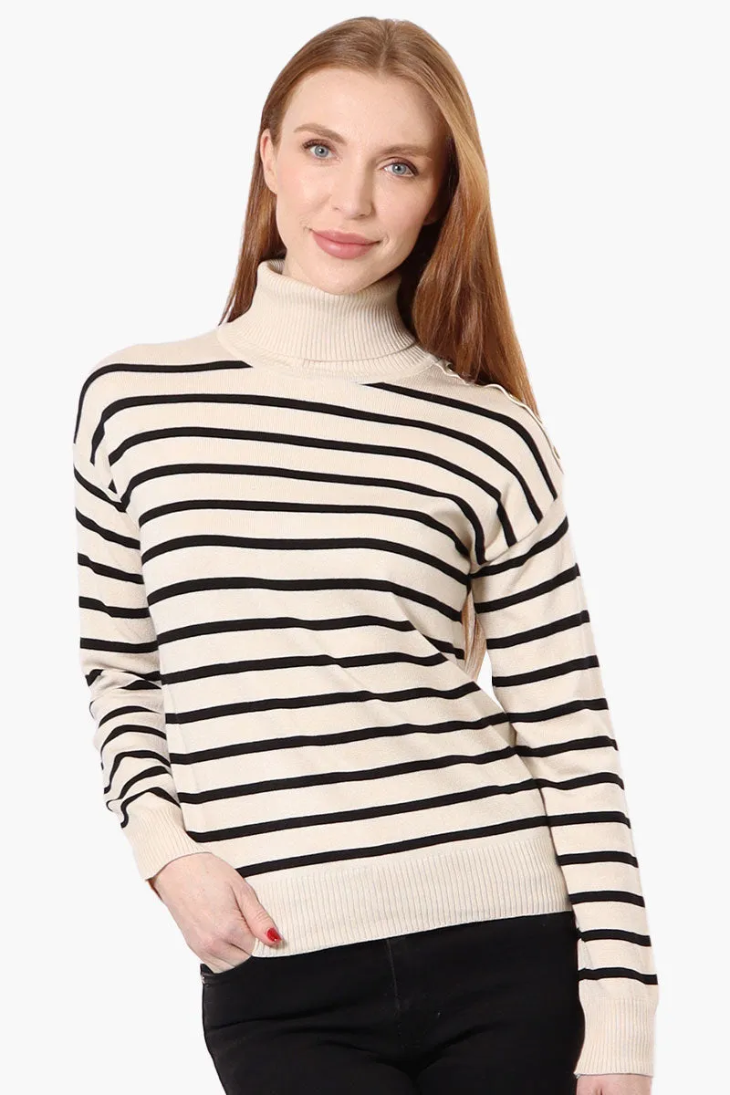 International INC Company Striped Turtleneck Pullover Sweater - Cream