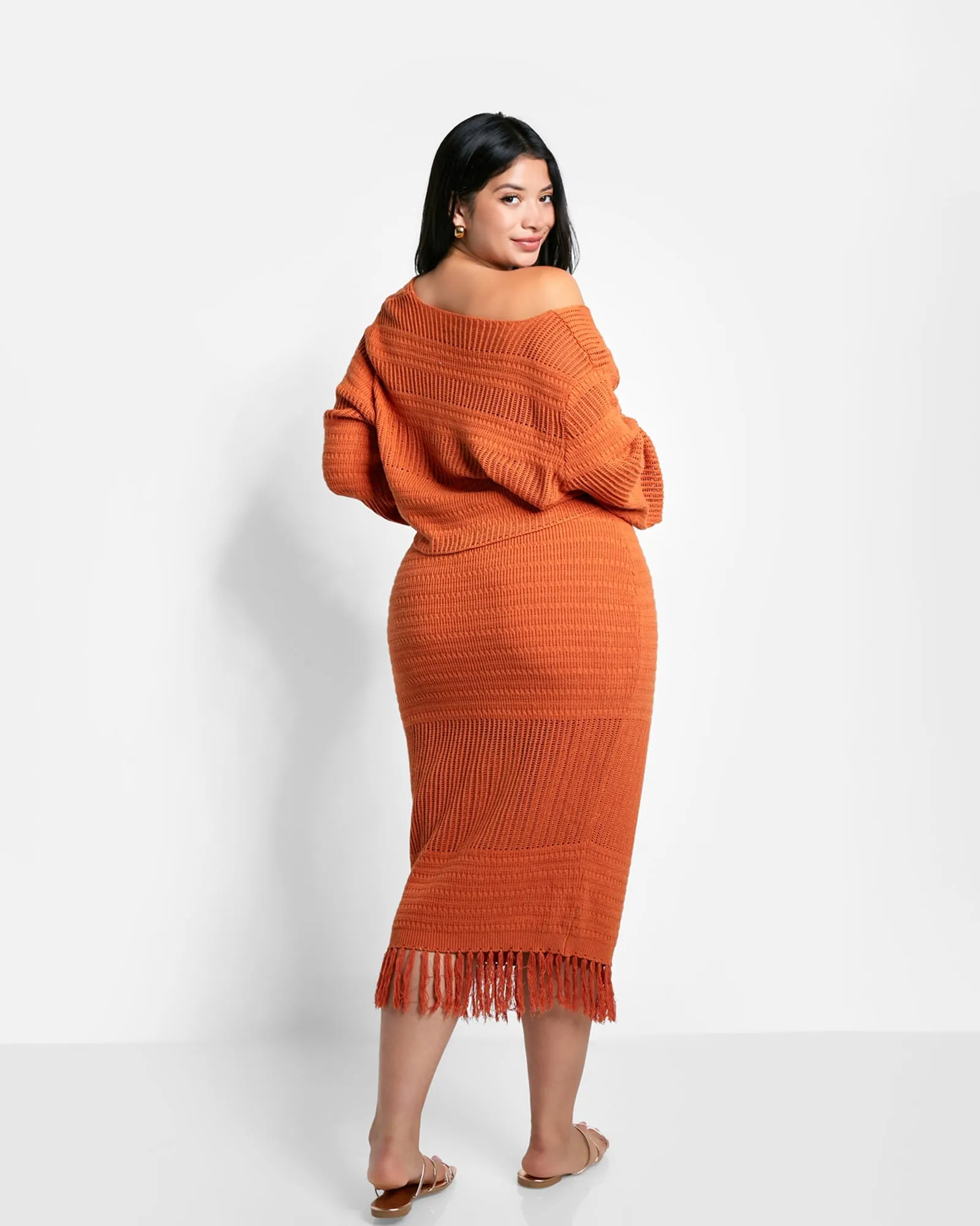 Jina Crochet Tassel Hem Midi Bodycon Skirt - Cinnamon | Brown