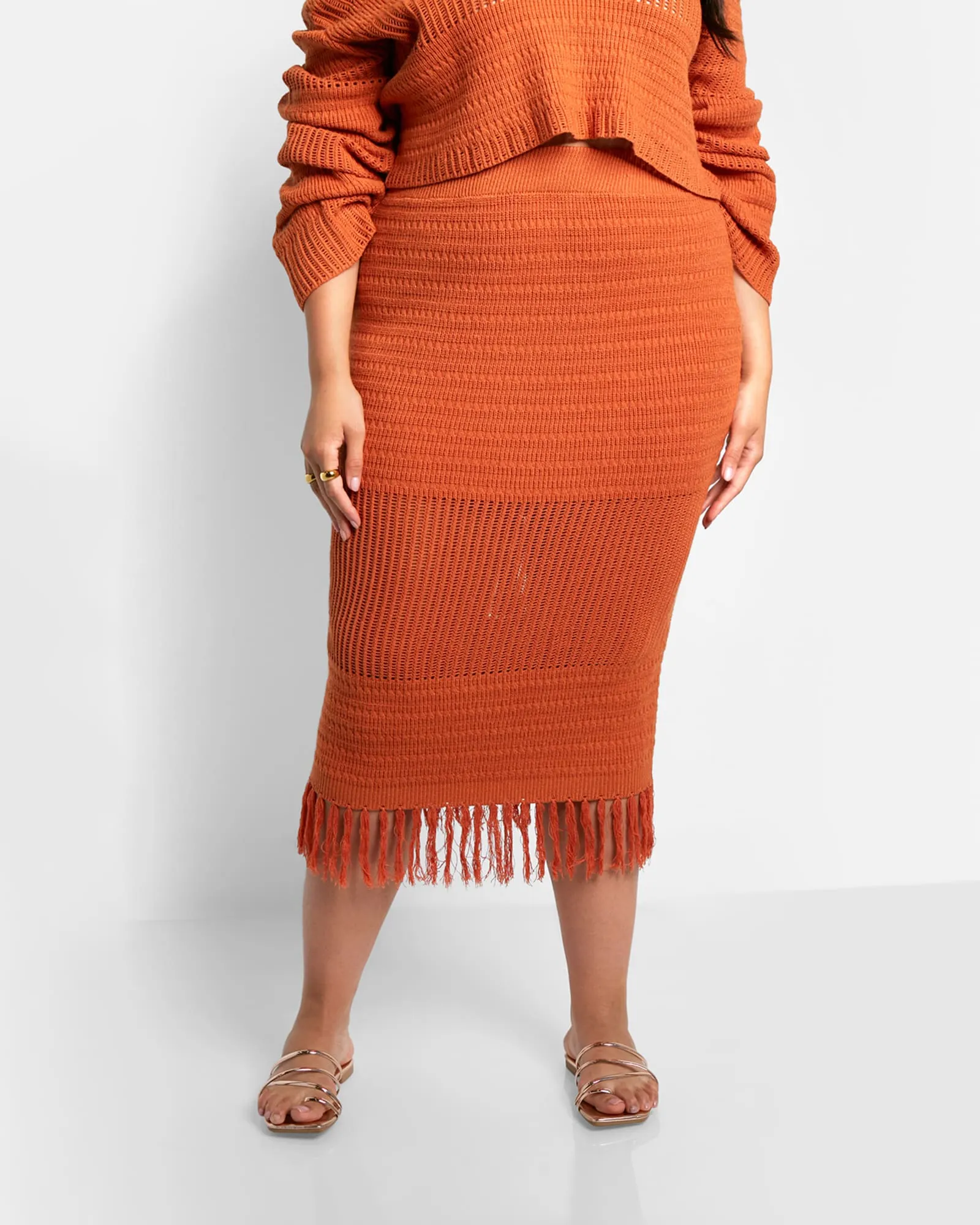 Jina Crochet Tassel Hem Midi Bodycon Skirt - Cinnamon | Brown